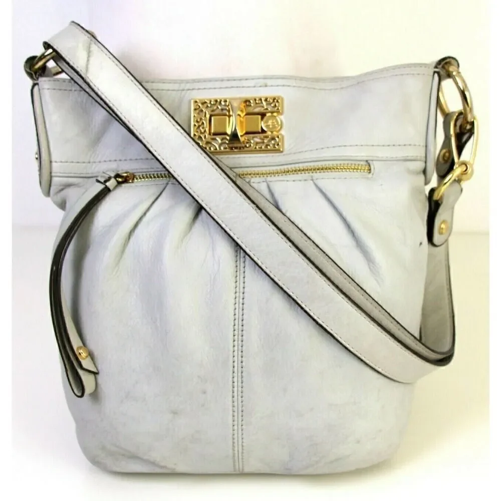 B. Makowsky LIGHT GRAY GENUINE LEATHER X-BODY PURSE SHOULDER BAG HANDBAG POUCH